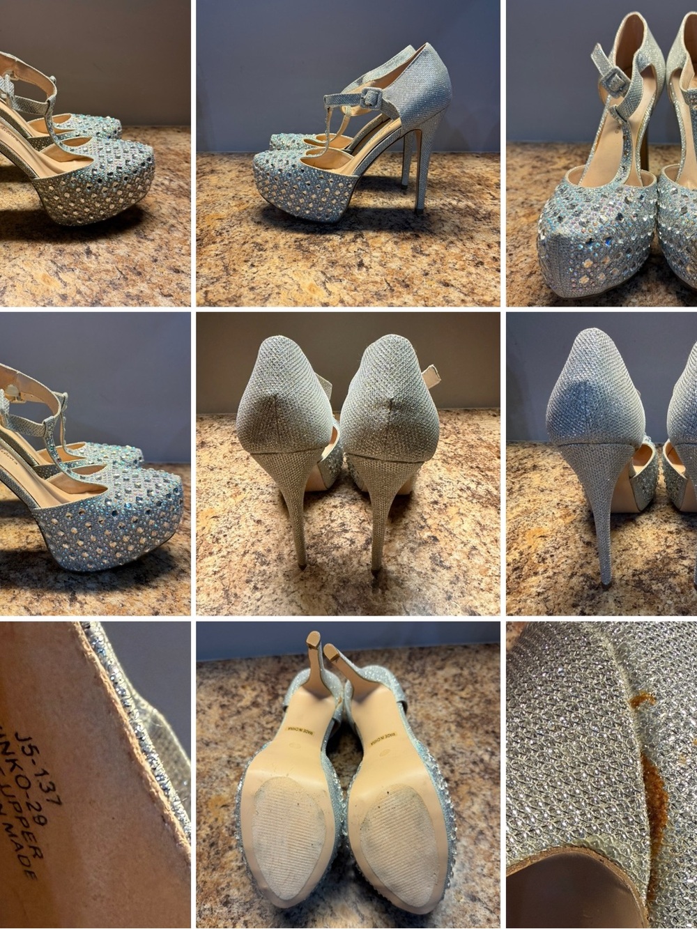 DeBlossom Collection Silver Rhinestone T-Strap Heels